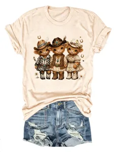 Maglietta beige in cotone manica corta con stampa grafica di simpatiche vacche western.