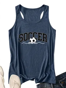 Women's dark blue sleeveless racerback tank top with soccer mom graphic print front detail.