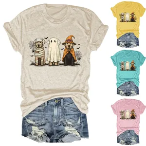 Cute Halloween dog graphic t-shirt for women, casual round neck short sleeve tee with denim shorts.