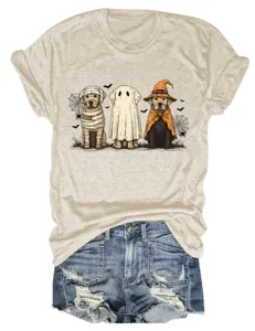Cute Halloween ghost dog graphic O-neck short sleeve casual women T-shirt top detail view