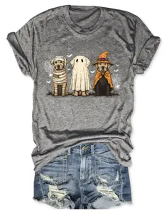 Women's Halloween cute ghost dogs print grey short sleeve t-shirt with denim shorts.
