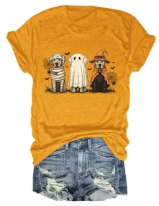 Cute Halloween dog graphic print short sleeve crewneck t-shirt paired with denim shorts detail