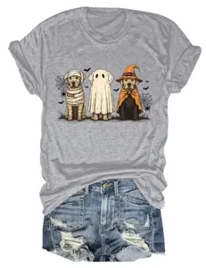 Women cute Halloween ghost dog graphic grey short sleeve t-shirt with denim shorts