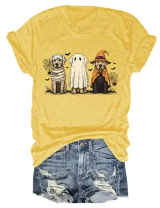 Cute Halloween ghost dogs graphic print detail on a casual yellow round neck short sleeve tee shirt top.