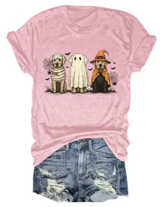 Cute Halloween ghost dog graphic print pink crewneck short sleeve t-shirt with denim shorts detail view