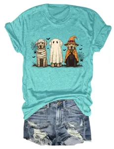 Women's cute Halloween ghost dogs graphic short sleeve t-shirt with ripped denim shorts.