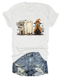 Women's cute Halloween ghost dogs graphic short sleeve white t-shirt with denim shorts.