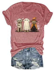 Cute funny Halloween ghost dogs print women short sleeve t-shirt and denim shorts set.