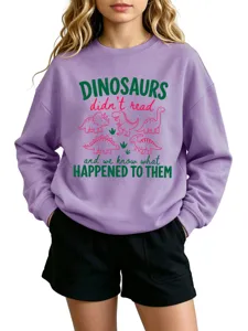 Casual funny dinosaur print long sleeve crewneck sweatshirt for women daily casual wear