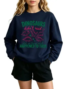 Casual dinosaur print long sleeve sweatshirt for kids, fun graphic pullover topwear.
