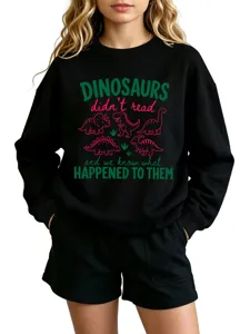 Casual fashion long sleeve black sweatshirt featuring funny dinosaur graphic print for daily wear.