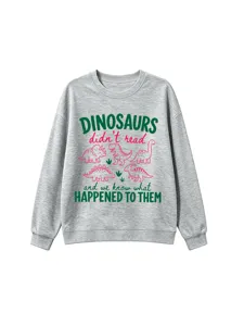 Grey crewneck sweatshirt featuring funny dinosaur graphic print and text, casual style.