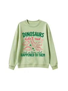 Cute green dinosaur graphic sweatshirt with funny text detail, casual long sleeve crewneck.