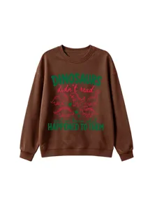 Brown crewneck sweatshirt featuring funny dinosaur graphic print and text design for casual wear.