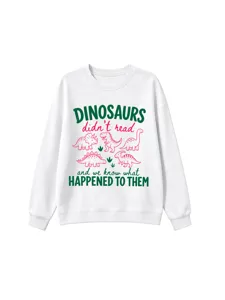 Cute dinosaur printed white sweatshirt, casual long sleeve crewneck top for comfortable daily wear.