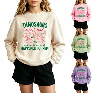 Kids Funny Dinosaur Letter Print Sweatshirt Casual Cotton Blend Round Neck Long Sleeve Pullover Top For Boys Girls
