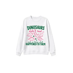 Casual funny dinosaur graphic print crewneck long sleeve white pullover sweatshirt for kids.