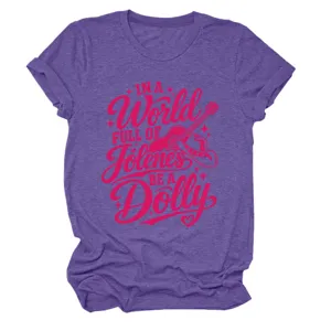 Purple graphic t-shirt featuring country music quote and cute guitar cowboy hat design.