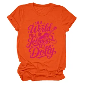 Casual orange short sleeve t-shirt with pink graphic text design for women daily wear style detail view