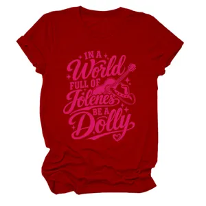 Red short sleeve t-shirt for women featuring graphic print round neck casual top comfortable everyday wear