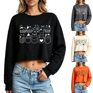 Women's cute cat graphic long sleeve crop sweatshirt casual crewneck pullover top for daily wear