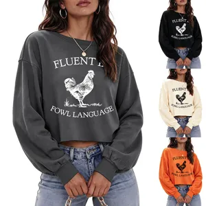 Sudadera corta informal de mujer con gráfico de pollo y estampado divertido, manga larga.