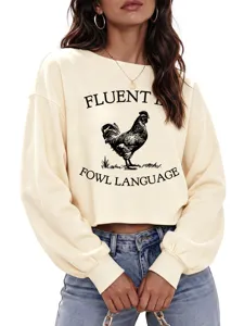 Sudadera corta elegante para mujer con divertido estampado gráfico de gallina y detalle.