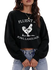 Sudadera corta gráfica de manga larga para mujer con un divertido estampado casual.