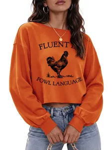 Sudadera corta naranja casual para mujer con estampado divertido de gallo y letras.