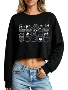 Stylish black crop sweatshirt for women featuring cute cat print, comfortable long sleeve.