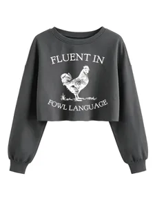Sudadera corta gris oscuro con divertido gráfico de gallo, top casual de manga larga para mujer.