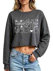 Women casual long sleeve crop sweatshirt with cute cat print, stylish dark gray top.