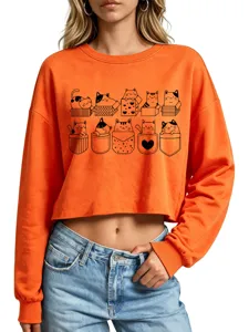 Women's cute cartoon cat print long sleeve crop sweatshirt, casual and comfortable orange top.