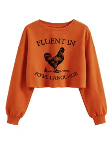 Sudadera corta naranja para mujer, con divertido estampado de gallo y manga larga.