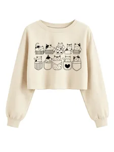 Cute cat print cropped sweatshirt for women, casual long sleeve crewneck pullover top.
