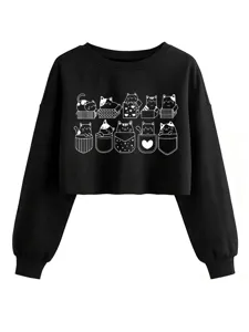 Black long sleeve crop sweatshirt with cute cat graphic, casual round neck pullover top.