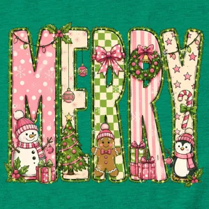 Weihnachten MERRY Grafik Kurzarm T-Shirt, süßer Pinguin Schneemann Print, Detailansicht.