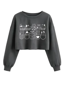 Cute cat print crop sweatshirt detail, dark grey long sleeve casual pullover for women.