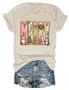 Bequemes Damen Rundhals Kurzarm T-Shirt mit niedlichem rosa Weihnachts MERRY Motiv und Druck.