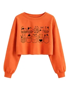 Women cute carton cat print long sleeve crop sweatshirt orange casual top basic streetwear