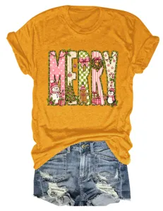 Damen Weihnachten Merry Grafik Kurzarm Gelbes T-Shirt mit blauen Jeansshorts Outfit