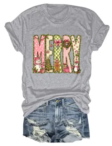 Damen graues Weihnachtsgrafik Kurzarm T-Shirt passend zu blauen Jeansshorts Freizeit