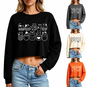 Women's Cropped Hoodie Cute Cat Graphic Print Long Sleeve Sweatshirt Cotton Blend Loose Round Neck Pullover Daily Top