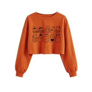 Women cute cat print orange crop sweatshirt long sleeve casual round neck pullover top