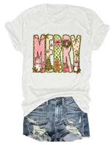 Bequemes weißes Damen Kurzarm T-Shirt mit süßem weihnachtlichen rosa Cartoon Motiv.