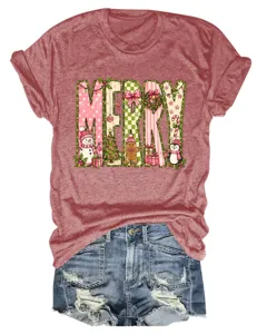 Damen Weihnachten Merry Grafik Kurzarm T-Shirt Lässige süße Feiertag Oberteil Bekleidung