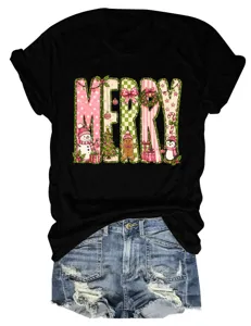 Damen schwarzes Kurzarm T-Shirt mit süßem rosa MERRY Weihnachtsgrafik lässiges Oberteil.