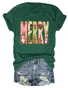 Damen Weihnachten Merry Rosa Schneemann Grafik T-Shirt Lässiges Kurzarm Rundhals Top