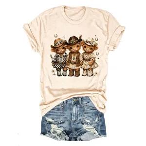 Maglietta a maniche corte in cotone da donna carina con stampa grafica di tre mucche cowboy beige