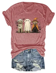 Cute Halloween dog graphic print women crew neck short sleeve t-shirt paired with denim shorts.